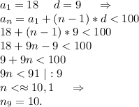 a_1=18\ \ \ \ d=9\ \ \ \ \Rightarrow\\a_n=a_1+(n-1)*d