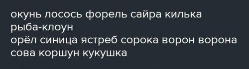 Запиши слова-названия рыб и птиц принадлежащие множеству