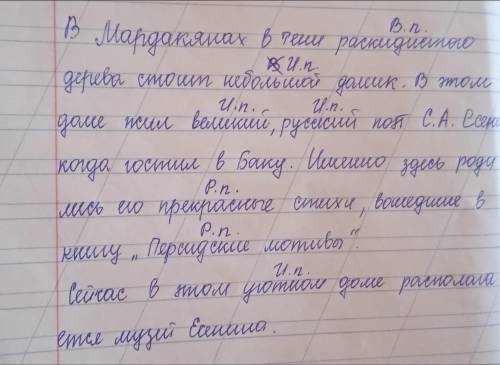 Прочитайте. Спишите, вставляя пропущенные окончания. В Мардакянах в тени раскидист - дерева стоит не