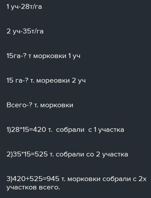 Урожайность морковки на одном участке составляет 28т/га,а на другом -35т/га.Какой урожай собрали на