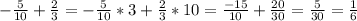 -\frac{5}{10} +\frac{2}{3} =-\frac{5}{10}*3 +\frac{2}{3}*10=\frac{-15}{10} +\frac{20}{30} =\frac{5}{30} =\frac{1}{6}