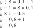 y \div 8 = 0,1 \div 1 \\ y \times 1 = 8 \times 0,1 \\ y \times 1 = 0,8 \\ y = 0,8 \div 1 \\ y = 0,8