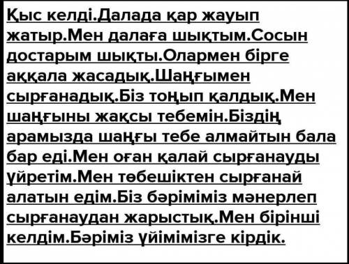 2. Берілген сөздерді пайдаланып, сурет бойынша әңгіме құра. Төбешіктен сырғанау, шаңғы, тоңу, мұз, а