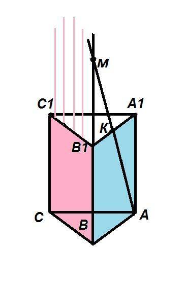 В прямой призме ABCA1B1C1 точка K-середина ребра CC1. Найдите отношение,в котором сечение плоскостью