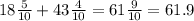 18 \frac{5}{10} + 43 \frac{4}{10} = 61 \frac{9}{10} = 61.9