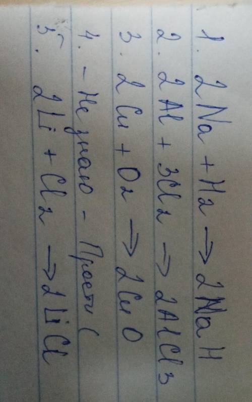 Розставити коефіцієнти у рівняннях: 1. Na + H2 = NaH 2. AI + CI2 = AICI3 3. Cu +O2 = CuO 4. SO2 + O2