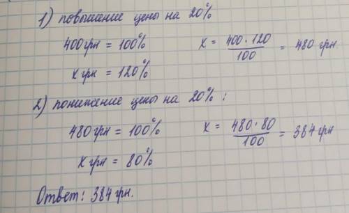 початкова Ціна деякого товару 400грн спочатку вона пидвищилась на 20%,а потим знизилась на 20% якою