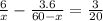 \frac{6}{x} - \frac{3.6}{60 - x} = \frac{3}{20}