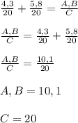 \frac{4,3}{20}+\frac{5,8}{20} =\frac{A,B}{C}\\\\\frac{A,B}{C}=\frac{4,3}{20} +\frac{5,8}{20} \\\\\frac{A,B}{C}=\frac{10,1}{20} \\\\A,B= 10,1\\\\C=20 \\