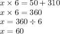 x \times 6 = 50 + 310 \\ x \times 6 = 360 \\ x = 360 \div 6 \\ x = 60