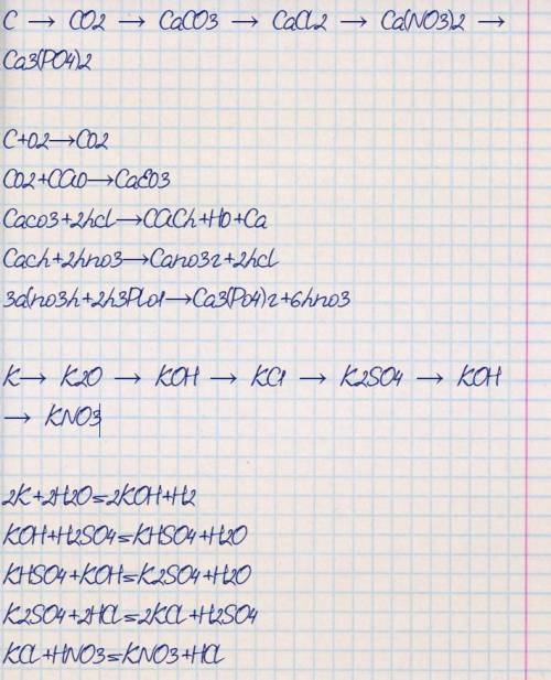 K→ K2О → КОН → КС1 → K2SO4 → КОН → KNO3 C → CO2 → CaCO3 → CaCl2 → Ca(NO3)2 → Ca3(PO4)2