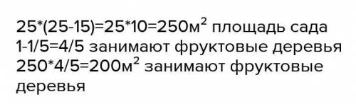 ть з задачев довжина саду 25м, а ширина–на 15м менша. Кущі займають одну п'яту саду,а решту–фруктові