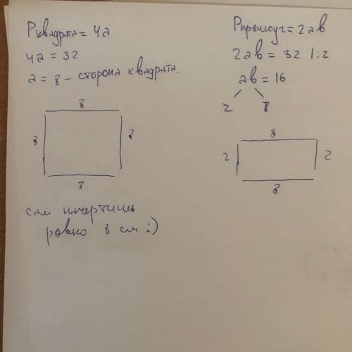 . Начерти квадрат, периметр которого равен 32 cm. Начерти прямоугольник с таким жепериметром памогит