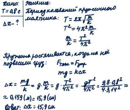 CРОЧНО ПОДРОБНО Пружина с грузом колеблется с периодом 0,8 с. На сколько измениться ее длина, если г