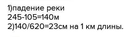 Определите уклон реки, длина которой 620км, высота истока – 245м, высота устья – 105м.​