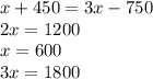 x + 450 = 3x - 750 \\ 2x = 1200 \\ x = 600 \\ 3x = 1800