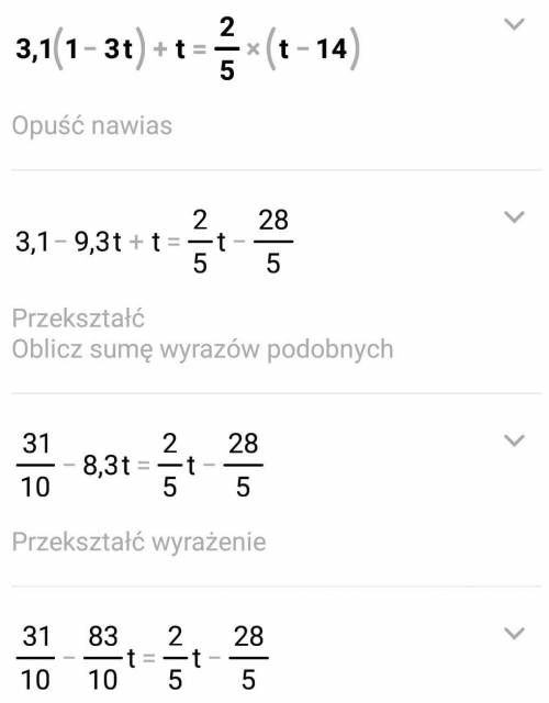 решить уравнения 3,1(1-3t)+t=2/5(t-14)