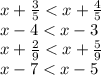 x + \frac{3}{5} < x + \frac{4}{5} \\ x - 4 < x - 3 \\ x + \frac{2}{9} < x + \frac{5}{9} \\ x - 7 < x - 5