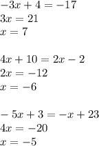 - 3x + 4 = - 17 \\ 3x = 21 \\ x = 7 \\ \\ 4x + 10 = 2x - 2 \\ 2x = - 12 \\ x = - 6 \\ \\ - 5x + 3 = - x + 23 \\ 4x = - 20 \\ x = - 5