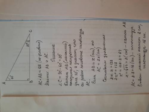 Один из углов прямоугольного треугольника равен 60°. Произведе- ние длин (в сантиметрах) гипотенузы