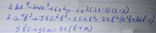 Вынесите общий множитель за скобки 5m2n3-15 mn4; 18x4-24x3+6x2; 7a4b3+56a2b3-35ab2; 9bc+9cm;