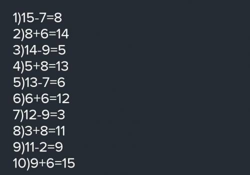 До ть зробити кругові вирази наприклад: 15-7,12-9, 14-9, 9+6, 3+8, 8+6, 6+6, 13-7,5+8, 11-2.