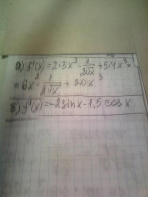 Найти производную функции а) f(x)=2x^3-√x+5x^4б)y=2cosx-1,5sinx