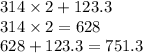 314 \times 2 + 123.3 \\ 314 \times 2 = 628 \\ 628 + 123.3 = 751.3