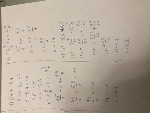 Розв’язати рівняння: 1) 6+x=5,4; 2) 6 3/7 + x = -7 4/7; 3) -6 3/7+x=7 4/7; 4) |x|-9,5=-16,3; 5) 12,6