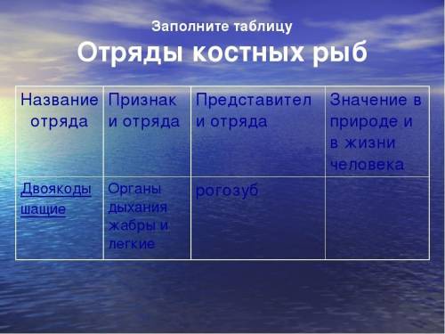 Таблица отряды рыб все: 1)Отряд 2) особенности строения 3) представители 4) значение