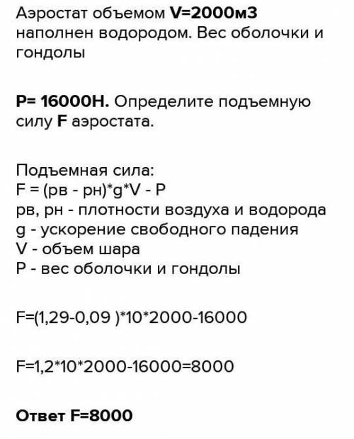 Аэростат объемом 350 м³ наполнен водородом. Найдите подъемную силу аэростата