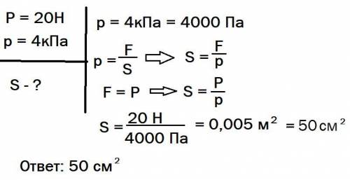 Цветочный горшок весом 20H производит давление на подоконник 4кПа. определите площадь соприкосновени