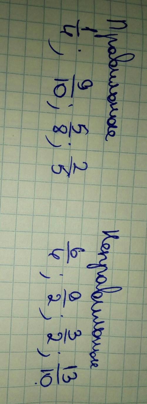 3. Выпишите отдельно правильные и неправильные1/4 6/4 9/2 3/2 9/10 5/8 13/10 2/5.​