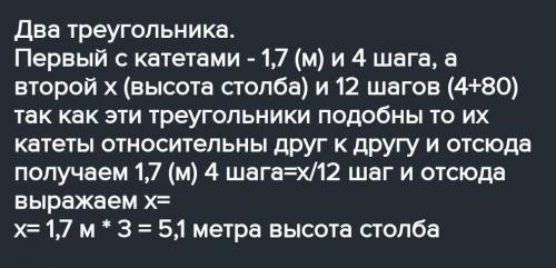 Человек ростом 1,7 м стоит на расстоянии 8 шагов от столба, на котором висит фонарь. Тень человека р