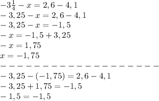 -3\frac{1}{4}-x=2,6-4,1\\-3,25-x=2,6-4,1\\-3,25-x= -1,5\\-x=-1,5+3,25\\-x=1,75\\x=-1,75\\-------------------\\-3,25-(-1,75)=2,6-4,1\\-3,25+1,75=-1,5\\-1,5=-1,5