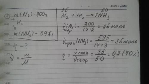 Определите выход аммиака от теоретически возможного если известно что при взаимодействии 700г азота