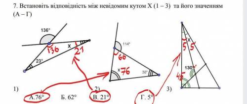 Встановіть відповідність між невідомим кутом X (1-3) та його значенням (А-Г