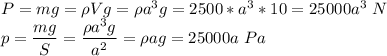 P = mg = \rho V g = \rho a^3 g = 2500*a^3*10 = 25000a^3~N\\p = \dfrac{mg}{S} = \dfrac{\rho a^3 g}{a^2} = \rho a g = 25000a~Pa