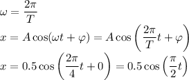 \omega = \dfrac{2\pi} T\\x = A\cos(\omega t + \varphi) = A\cos\left( \dfrac{2\pi} T t + \varphi\right)\\x = 0.5\cos\left( \dfrac{2\pi} {4} t + 0\right) = 0.5\cos\left( \dfrac{\pi} {2} t\right)\\