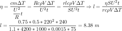 \eta = \dfrac{cm\Delta T}{\dfrac {U^2} R t} = \dfrac{Rc \rho V\Delta T}{U^2 t} = \dfrac{r lc\rho V\Delta T}{SU^2 t} \Rightarrow l = \dfrac{\eta SU^2 t}{rc\rho V\Delta T}}\\l = \dfrac{0.75*0.5*220^2*240}{1.1*4200*1000*0.0015*75} = 8.38~m