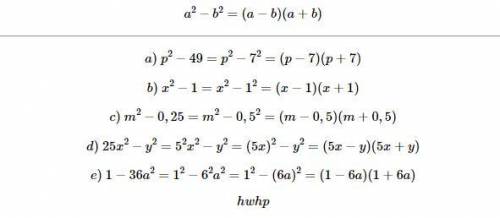 № 2 . Разложить на множители (разность квадратов). a) p2 – 49b) x2 – 1c) m2 – 0,25d) 25x2 – y2e) 1 –