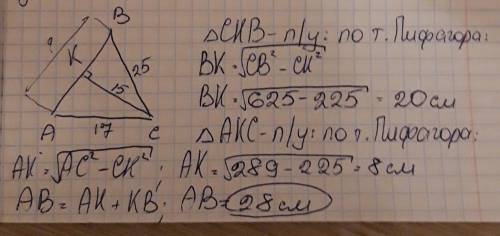 CK -висота трикутника ABC, BC= 25 см, AC= 17см, CK= 15см Знайти AB.