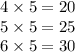 4 \times 5 = 20 \\ 5 \times 5 = 25 \\ 6 \times 5 = 30