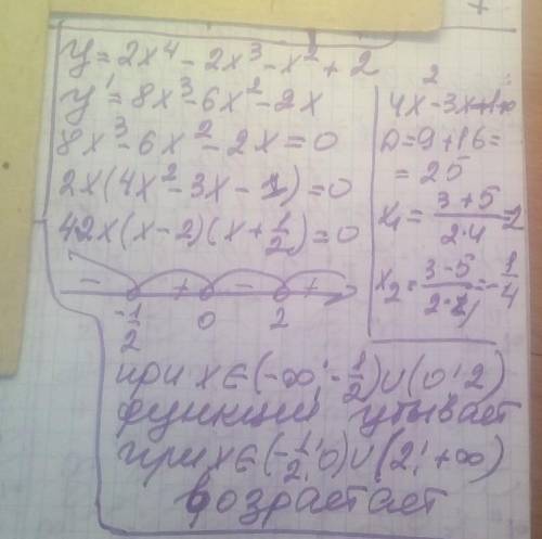 Найти промижки зростання та спадание функции: y=2x^4-2x^3-x^2+2