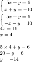 \displaystyle\\\left \{ {{5x+y=6} \atop {x+y=-10}} \right. \\\\\left \{ {{5x+y=6} \atop {-x-y=10}} \right. \\4x=16\\x=4\\\\5\times4+y=6\\20+y=6\\y=-14