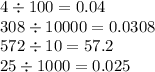 4 \div 100 = 0.04 \\ 308 \div 10000 = 0.0308 \\ 572 \div 10 = 57.2 \\ 25 \div 1000 = 0.025