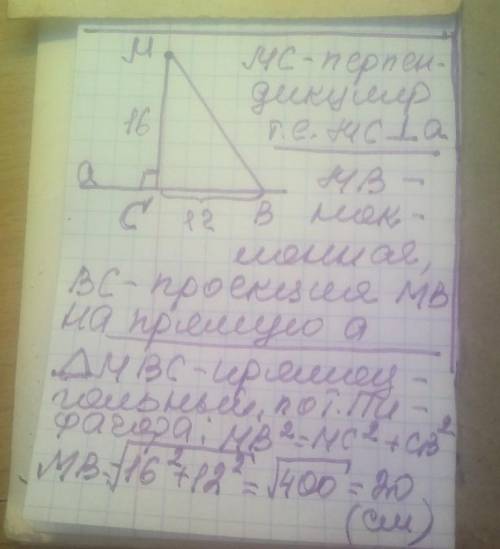 З точки M до прямої α проведено перпендикуляр MC = 16 см і похилу MB. Знайти довжину похилої MB, якщ