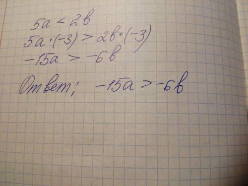 Известно, что 5a < 2b. Умножьте обе части неравенства на -3 и запишите полученное неравенство.