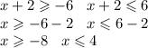 x + 2 \geqslant - 6 \: \: \: \: x + 2 \leqslant 6 \\ x \geqslant - 6 - 2 \: \: \: \: x \leqslant 6 - 2 \\ x \geqslant - 8 \: \: \: \: x \leqslant 4