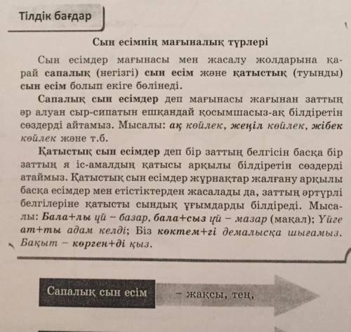 ТАПСЫРМАНЫҢ МӘТІНІ 5.«Мұрагер» мәтіні бойыншамағынасына қарай сын есімдердітабыңыз.Сапалық сын есім: